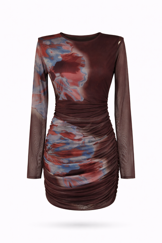 Brown Long Sleeve Ruched Abstract Short Dress