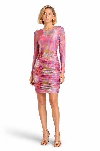 Long Sleeve Ruched Abstract Short Dress