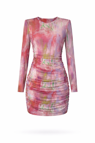 Long Sleeve Ruched Abstract Short Dress