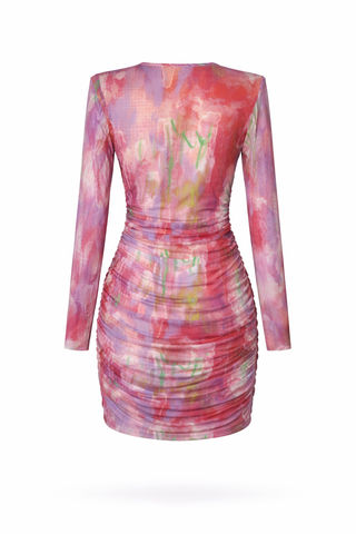 Long Sleeve Ruched Abstract Short Dress