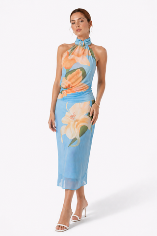 Blue Halter Floral Abstract Print Midi Dress