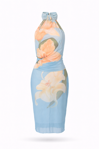 Blue Halter Floral Abstract Print Midi Dress