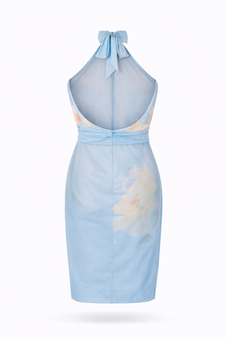 Blue Halter Floral Abstract Print Midi Dress