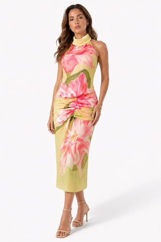 Green Halter Floral Midi Dress