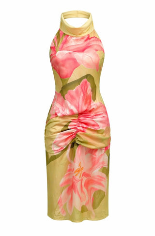 Green Halter Floral Midi Dress