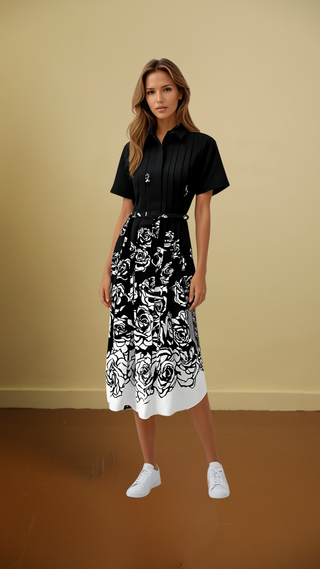 Midi Shirt Dress Short Sleeve Floral Print