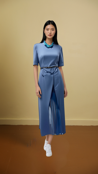 Midi Dress With 3/4 Sleeves With Pleated Detail And Waist Belt