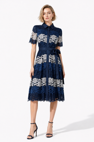 Collared Striped Lace Midi Dress