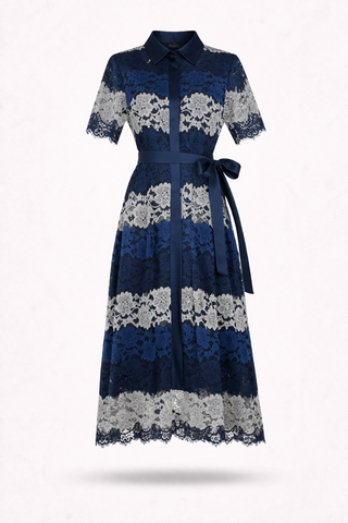 Collared Striped Lace Midi Dress