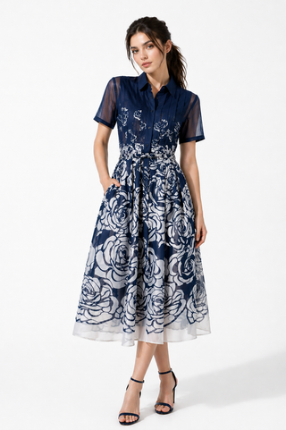 Sheer Sleeves Floral Print Collared Midi Dress