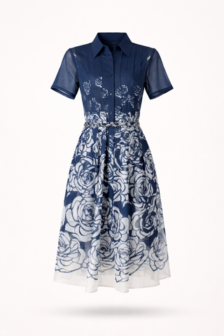 Sheer Sleeves Floral Print Collared Midi Dress