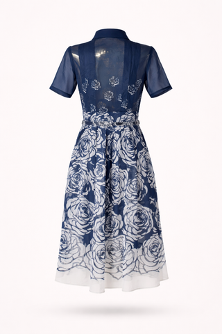 Sheer Sleeves Floral Print Collared Midi Dress