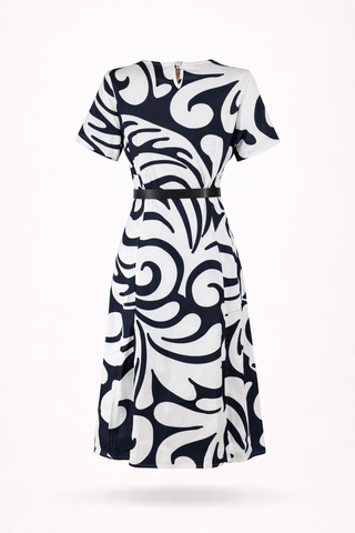 Swirl Print Belted Midi Dress