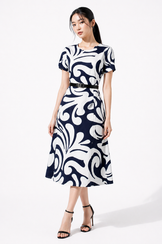 Swirl Print Belted Midi Dress