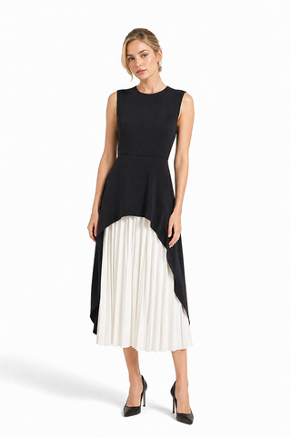 Sleeveless Asymmetric Pleated Midi Dress