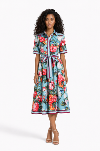Floral Print Collared Tie Waist Midi Dress
