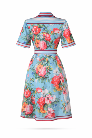Floral Print Collared Tie Waist Midi Dress