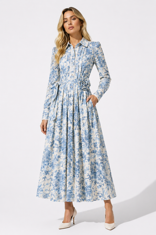Long Sleeve Floral Print Rose Detail Maxi Dress