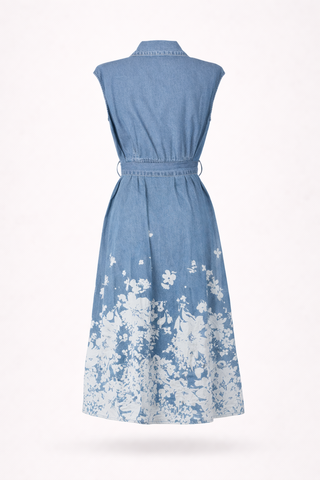 Denim Floral Hem and Tie Waist Midi Dress