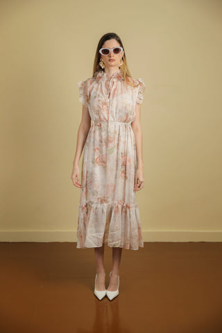 Chiffon Sleeveless Midi Dress With Rose Print