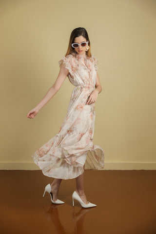 Chiffon Sleeveless Midi Dress With Rose Print