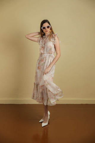 Chiffon Sleeveless Midi Dress With Rose Print