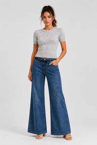 Blue Paisley Jacquard Wide-Leg Jeans