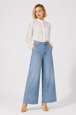 Blue Paisley Print Wide-Leg Denim Jeans
