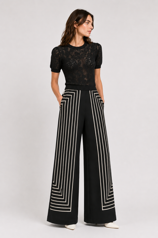 Black Geometric Print Wide-Leg Trousers