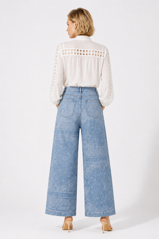 Blue Paisley Print Wide-Leg Denim Jeans
