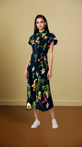 Midi Shirt Dress Short Sleeve Floral Print