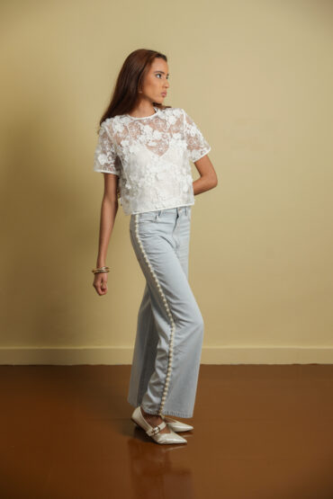 Wide Leg Denim Pants With Pearl Details
