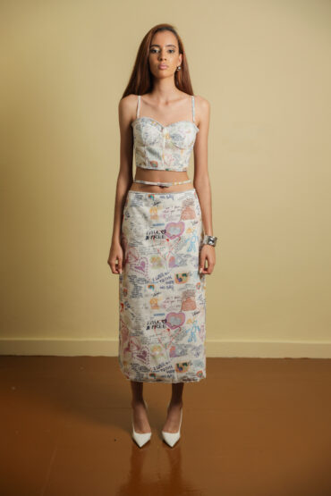 Printed Linen Midi Skirt